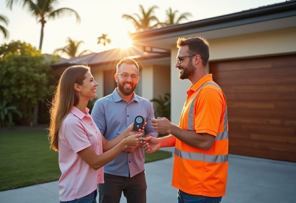 Technician handing over a garage remote at sunset — Carrara