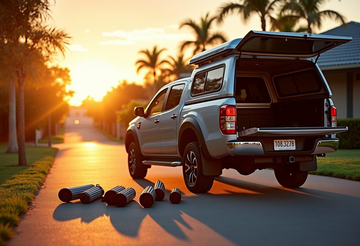 Technician ute with parts laid out at sunset — Carrara